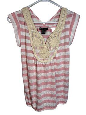 Self Esteem Pink & White Striped Top Lace Embellished V-Neck Open Back Size M